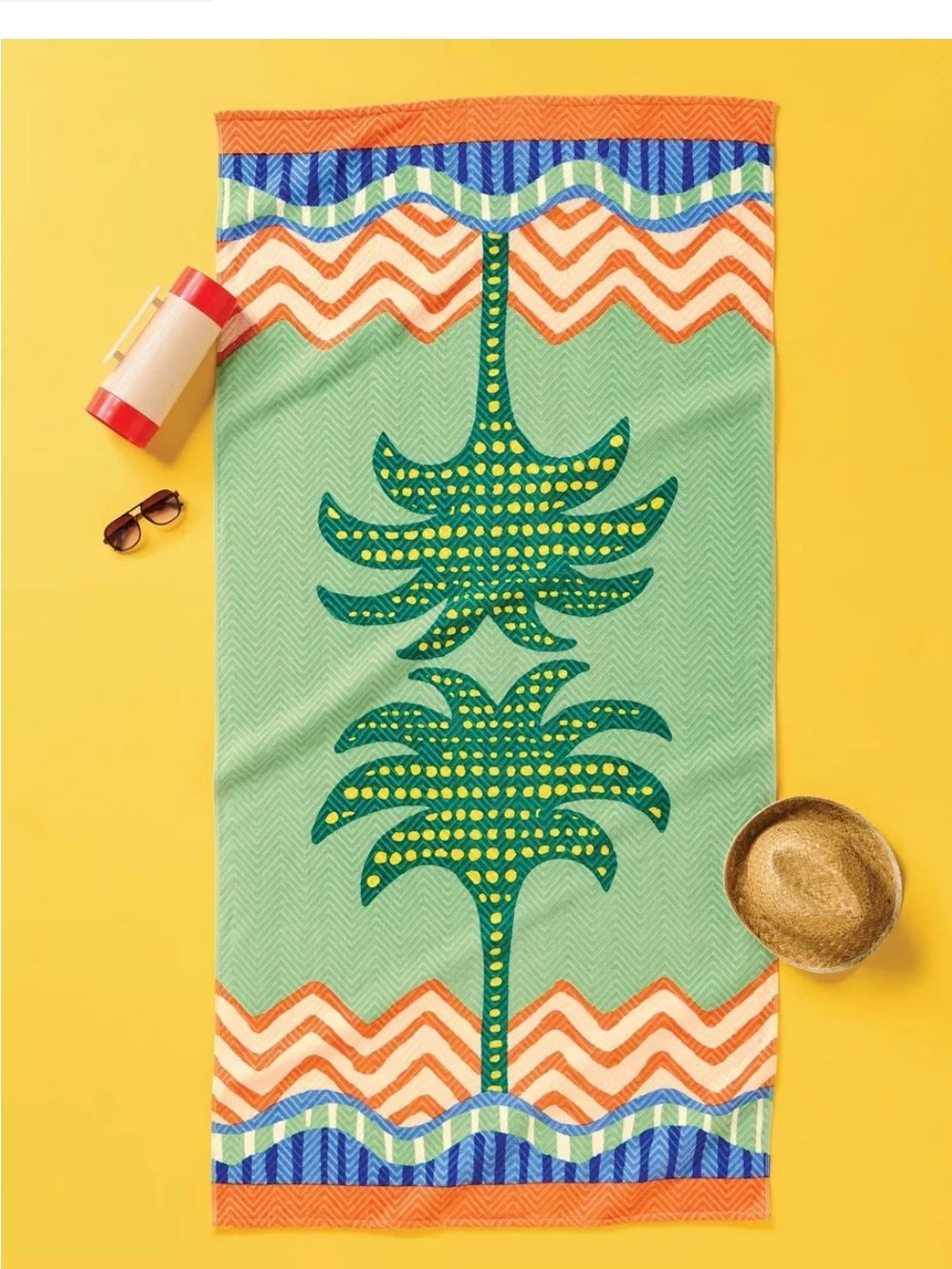 Extra Long Palm Tree Print Beach Towel with Orange & Blue Accents